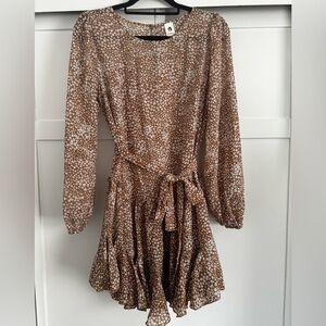 Brown White Floral Flowy Dress with Tie